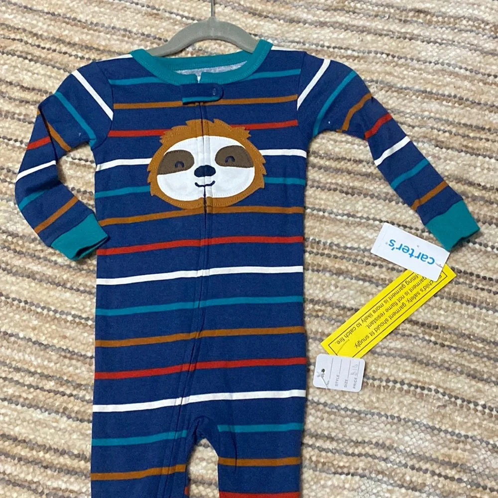 Carters Baby Boy Blue Striped Sloth Fleece Footed Pajamas Sleeper Zip Up 18M